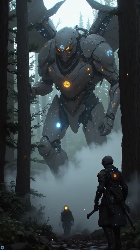 A cybernetic samurai dashes through an ancient, mist-laden mechanical forest, her visor glowing with tactical constellations that map the labyrinthine pathways of towering, metallic trees. From the shadows, a colossal mecha giant emerges, its form towering...