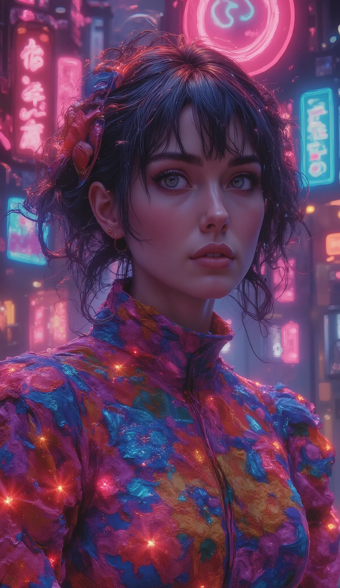 a woman in a colorful neon-lit fashion portrait, full body pose, beautiful detailed eyes, beautiful detailed lips, long eyelashes, intricate hairstyle, vibrant neon colors, dramatic lighting, high fashion outfit, cinematic composition, photorealistic, 8K, ...