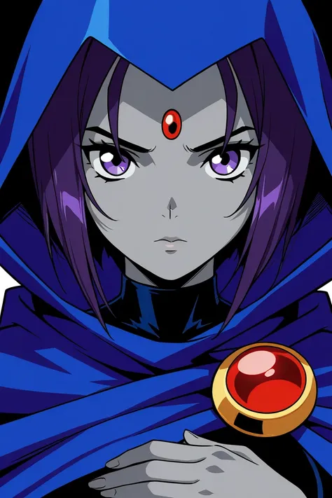 1girl, solo, raven (dc), purple eyes,  purple hair, grey skin, forehead jewel, blue cape covering whole body, long blue cape,
, hood covered head, Looking at viewer, High Resolution, Best Quality, Masterpiece, white background