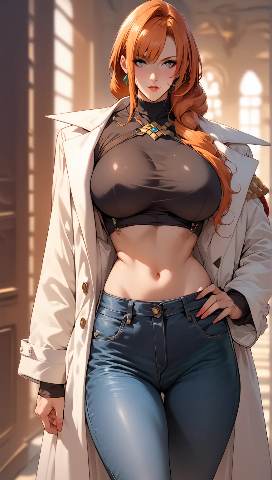 Score_9, Score_8_up, Score_7_up, Score_6_up, Score_5_up, Score_4_up, masterpiece, Mira Tsubakihara,hourglass figure, big chest, thick thighs, looking at viewer, miratsubakihara,black mini-crop top, black tight jeans, white coat over her shoulders, fashinab...