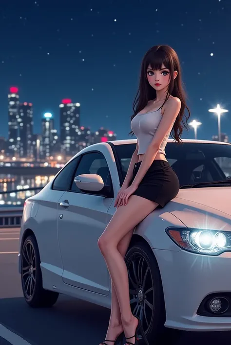 High quality, realistic, white honda G8 2008 civic type r, sexy cute Asian girl posing next to the car, Detailed face, Black short skirt, slim, Parking lot With Harbour view, Night time,stars in the sky