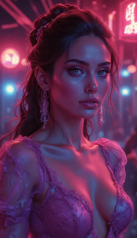 a woman in a colorful neon-lit fashion portrait, full body pose, beautiful detailed eyes, beautiful detailed lips, long eyelashes, intricate hairstyle, vibrant neon colors, dramatic lighting, high fashion outfit, cinematic composition, photorealistic, 8K, ...