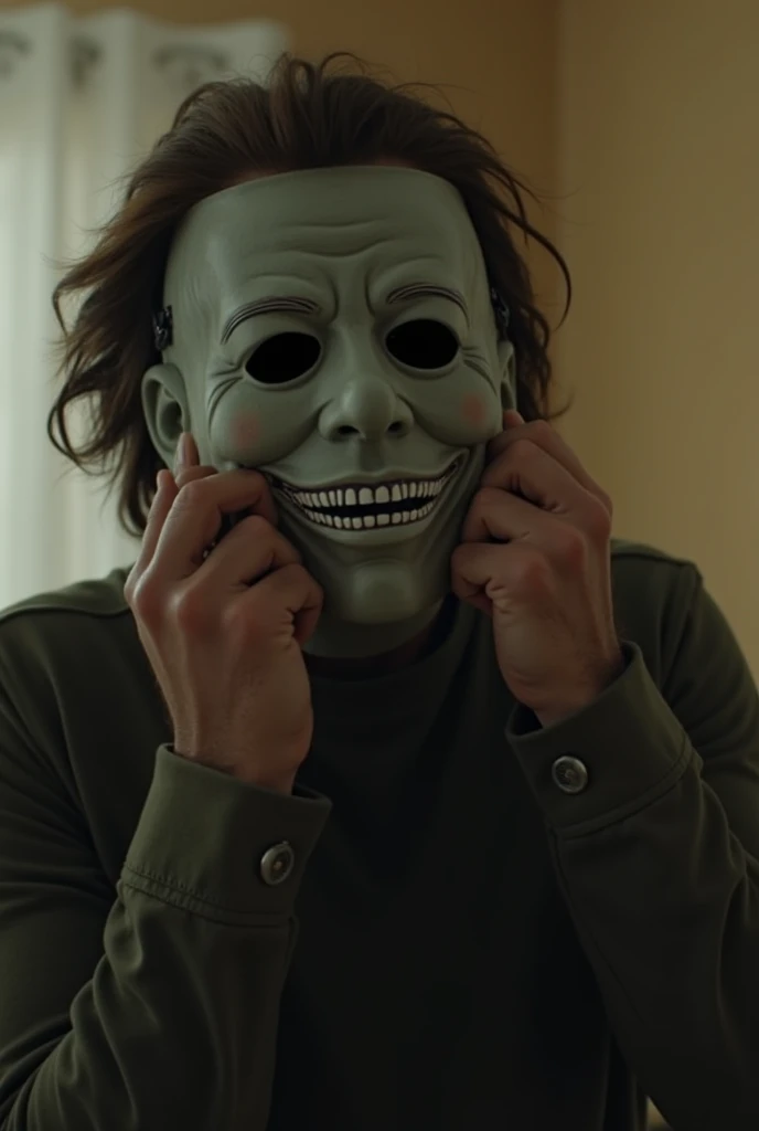 The scene shifts: the brightly lit room fades slightly. We now see the mask, resting now on Alex's face. The mask's expression is a forced smile that does not reach their eyes. Alex's body language looks rigid and unnatural, as if the mask has taken over t...