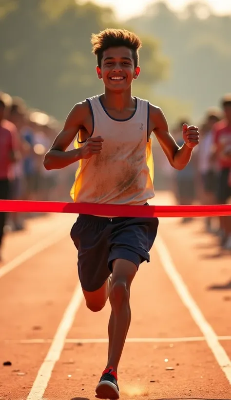 A 20 years old boy named Rohan crosses the finish line first in a running race in rich school running competition. His face is filled with joy and determination as he sprints forward with his arms slightly raised. The crowd in the background is cheering, a...