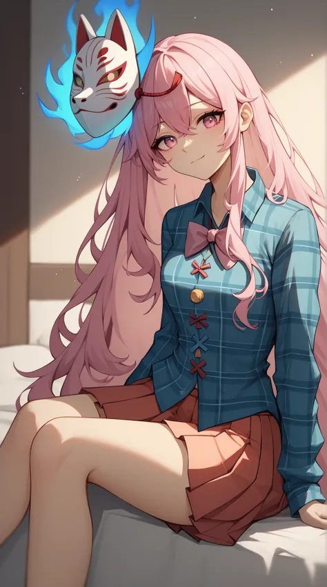 ( ,  great work .,    top quality   , , very high definition ),   1 girl  ,    Hata no Kokoro   ,    Fox Mask,    Pink Hair,    long hair,    Pink Eyes   ,    emotionless face    ,  mask on the head  ,  Mouth closed   ,    blue plaid shirt,  Pleated skirt,...