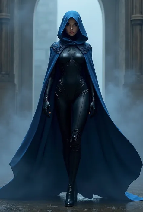 Darth Vader　Female body type　slender, stsnding, blue cape, long cape, cspe covered full body