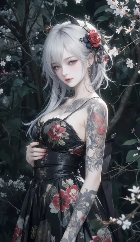 Beautiful Japanese Gothic woman, with very long white hair, wearing a formal dress with floral motifs, She has Yakuza tattoos all over her body. Dark cherry blossom background