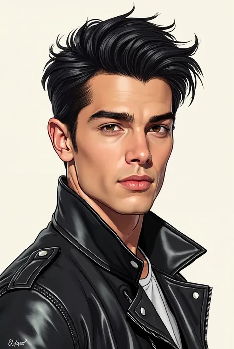 hand draw, pinterest, 25 years old, black hair., leather jacket., handsome