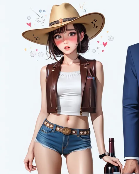 ((  Japanese beautiful girl _1 person:2.0)),(Light brown background  :1.0),(  slender body:1.2),( Sleeveless Denim Vest  :1.1),( denim micro shorts :1.1),(Sit in STOOL with your knees together :1.1),(Navel exposed),(blush:1.5),( drunk :1.5),(I get hiccups:...