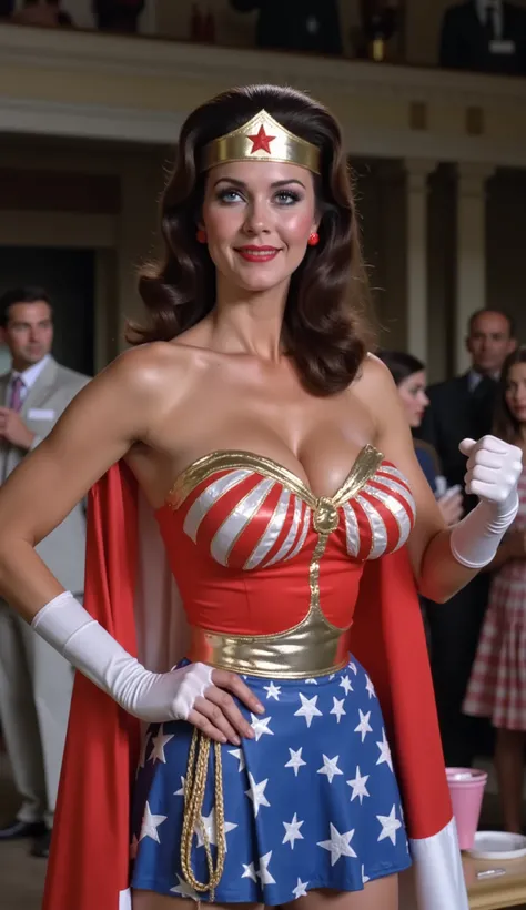 LYNDA CARTER AS WONDER WOMAN WEARING HER RED AND WHITE PATRIOTIC CAPE ATTACHED TO THE WONDER WOMAN COSTUME, AND A PLEATED BLUE PATRIOTIC SKIRT. ELBOW LENGTH WHITE SATIN OPERA GLOVES.