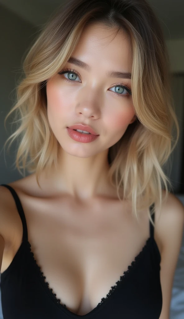 Kazakhstan Blue eyes, blonde hair , coy smile light hair Черное кружевное  , night Korean Asian model takes selfies Maximum perfect Korean facial features Perfect face, perfect short lip hairstyle,fashionable woman,  bedroom Escort confident woman with an ...