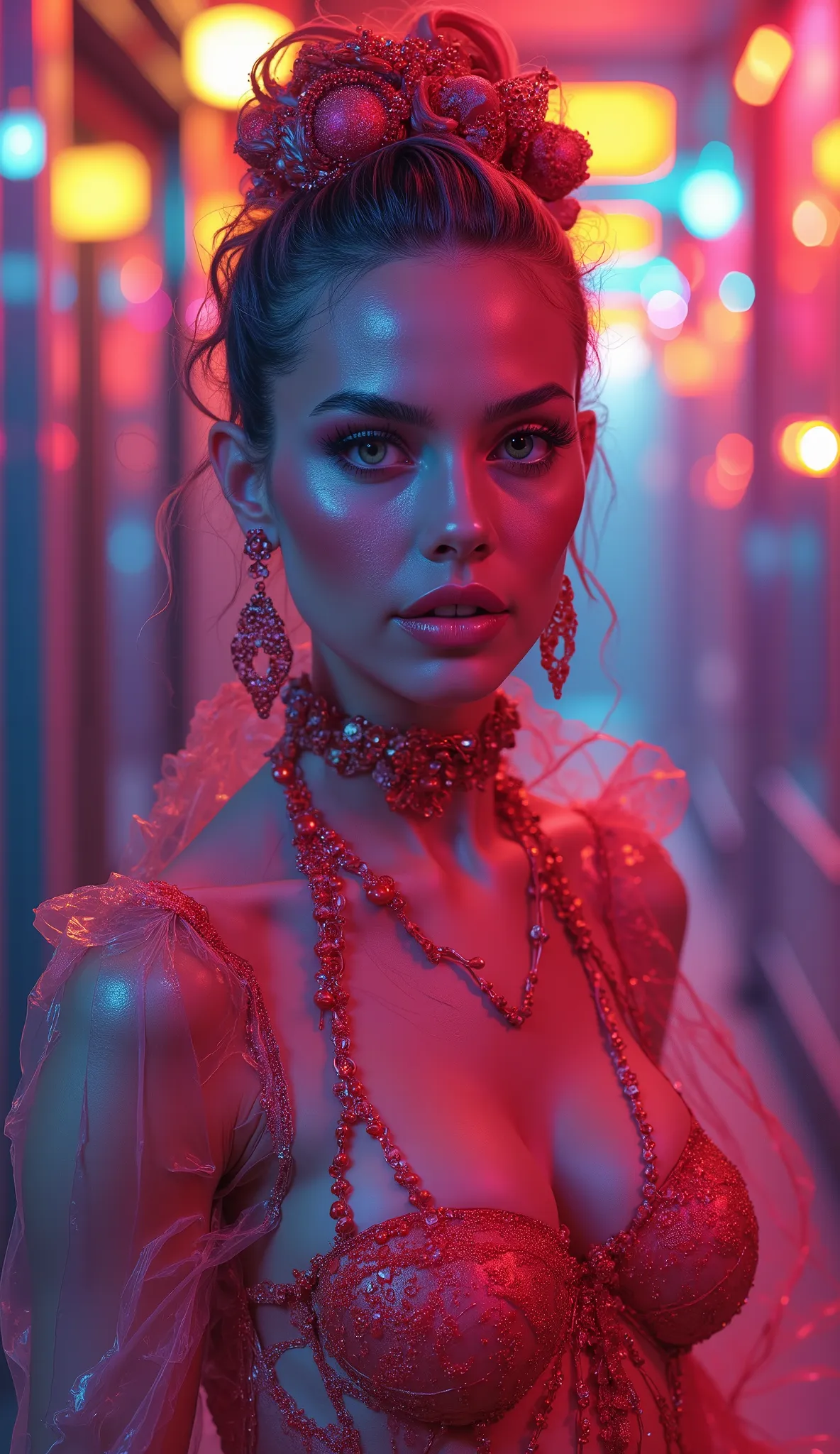 a woman in a colorful neon-lit fashion, full body pose, long legs, beautiful detailed green eyes, beautiful detailed lips, long eyelashes, intricate hairstyle, vibrant neon colors, dramatic lighting, high fashion outfit, cinematic composition, photorealist...