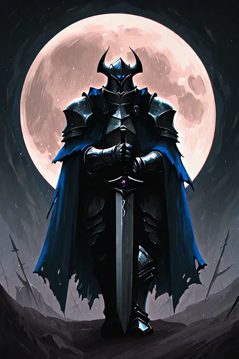 1 people, knight, dark silver armor, Slightly dirty armor, helmet, mask of a devil, Deep blue eye, luminous eyes, Deep blue cloak, torn cloak, long sword, The blade reflects the moonlight, dignified appearance, Looking down on the viewer, Steep rocky mount...