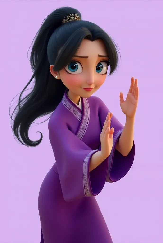 nzyfr,A cartoon drawing of a woman with long black hair tied in a ponytail. She is wearing a purple dress with a purple scarf around her neck. Her hair is pulled back in a bun. Her eyes are blue and her eyebrows are black. Her hands are raised in the air. ...