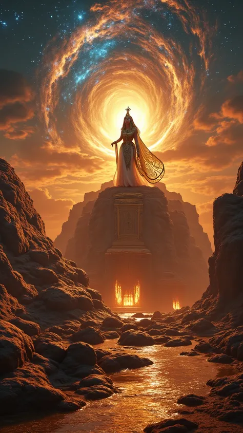 **Prompt:** "A surreal, hyper-detailed cinematic scene of a majestic pretty breathtaking Pharaoh queen adorned in glowing hieroglyphic gold , standing atop a floating sandstone palace under a swirling galaxy sky. Behind her, inverted pyramids drip liquid a...