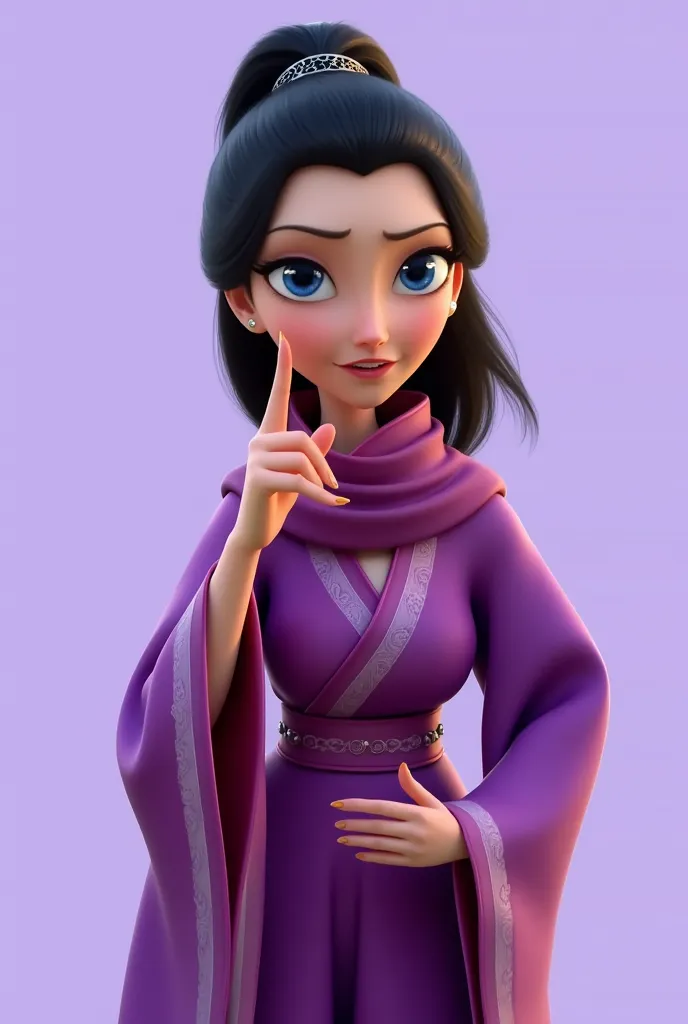 nzyfr,A cartoon drawing of a woman with long black hair tied in a ponytail. She is wearing a purple dress with a purple scarf around her neck. Her hair is pulled back in a bun. Her eyes are blue and her eyebrows are black. Her hands are raised in the air. ...