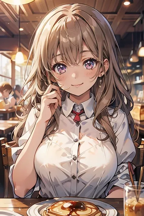 Cute girl eating maple syrup pancakes, smiling, long brown wavy hair, violet eyes, slim, big breast, low collar, Looking into the viewer , blurred background of a cafe in white colour.