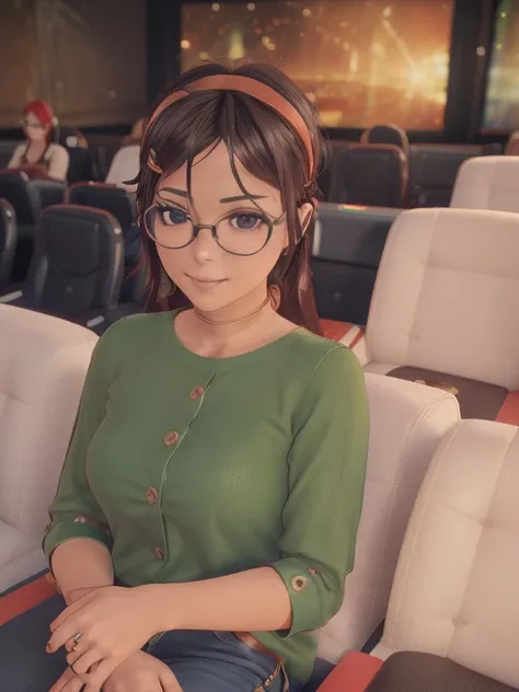 ( close-up,  upper body :1.6). Short,  red hair, ( green eyes:1.2), ( diopter glasses with metal frames:1.2), ( green shirt with buttons:1.4),  smiling girl  (sits in the cinema auditorium:1.8). ( Masterpiece ,  top quality,  better quality,  official art ...