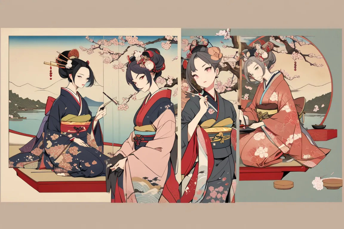 ukiyo-e,     Ultra High Resolution   ,     Beautiful Traditional Japanese Culture ,  ukiyo-e,     Ultra High Resolution   ,     Beautiful Traditional Japanese Culture ,  女god、 god秘の光、 Look,   Priest 王の前に咲く華麗な花 、 Priest 、  cherry blossom、Smoking a kiseru、、O...