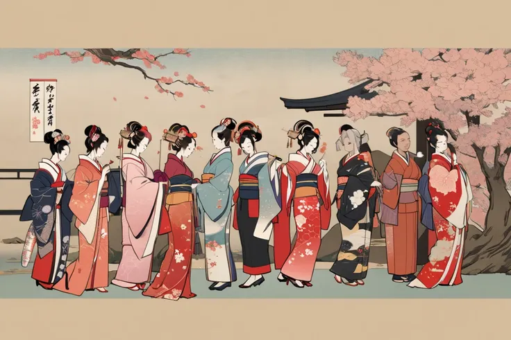 ukiyo-e,     Ultra High Resolution   ,     Beautiful Traditional Japanese Culture ,  ukiyo-e,     Ultra High Resolution   ,     Beautiful Traditional Japanese Culture ,  女god、 god秘の光、 Look,   Priest 王の前に咲く華麗な花 、 Priest 、  cherry blossom、Smoking a kiseru、、O...