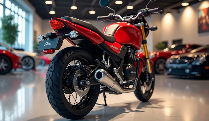 A high-quality digital rendering of a Honda CL250 motorcycle from a rear and side angle in a showroom with modern lighting. The motorcycle is red with black and silver details, featuring off-road tires, a round taillight, golden rear suspension, and a scra...