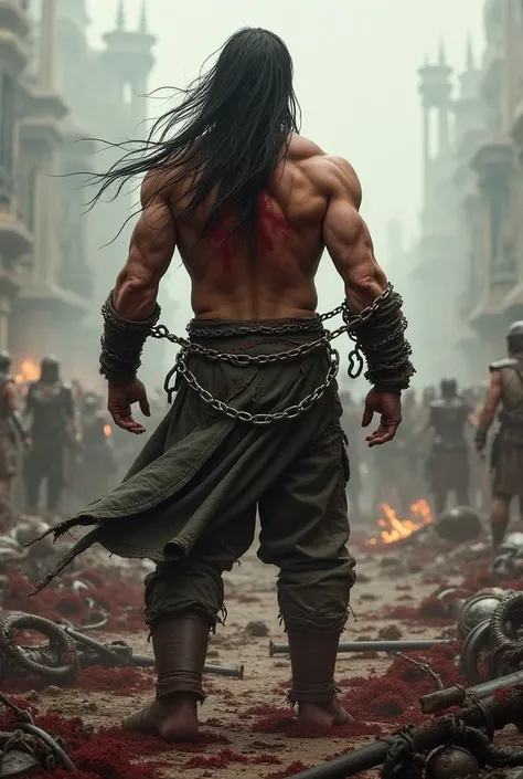 Warrior with average human Height and body and Long hairs body blooding tied up with big chains in Battleground both hand are tied up on up side. Generate shot from Back side