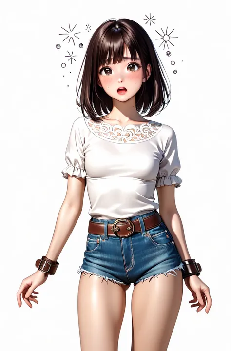  Japanese women,( 1girl :2.0),( slender body:1.2),(Teary-eyed:1.0),real skin ,small breasts, long dark hair, Super Detailed Black Eyes,( beautiful face:1.5),(brown leather belt:1.3),(Tight short sleeve blouse:1.3),( denim hotpants:1.3),( wrist where your s...