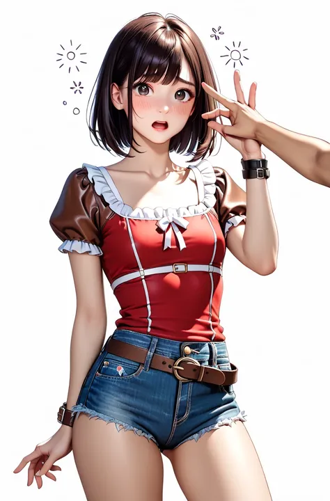  Japanese women,( 1girl :2.0),( slender body:1.2),(Teary-eyed:1.0),real skin ,small breasts, long dark hair, Super Detailed Black Eyes,( beautiful face:1.5),(brown leather belt:1.3),(Tight short sleeve blouse:1.3),( denim hotpants:1.3),( wrist where your s...