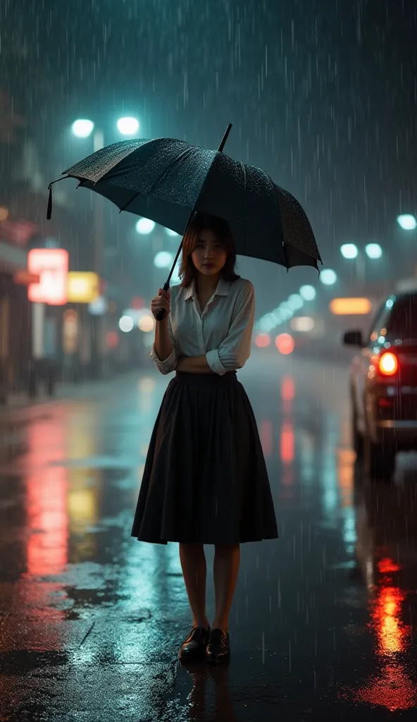 "A young woman (Sia) stands outside her office, wearing a black skirt and a white shirt, without an umbrella. Heavy rain pours around her, and the streetlights reflect on the wet pavement. Her face shows a mix of concern and anticipation as she waits for a...