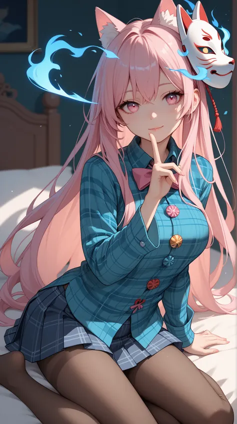 ( ,   very good work  .,     top quality    , , very  high definition  ),    1 girl   ,     Hata no Kokoro    ,     Fox Mask,     Pink Hair,     long hair,     Pink Eyes    ,     emotionless face     ,  , the mask is on the head   ,   with your mouth shut ...