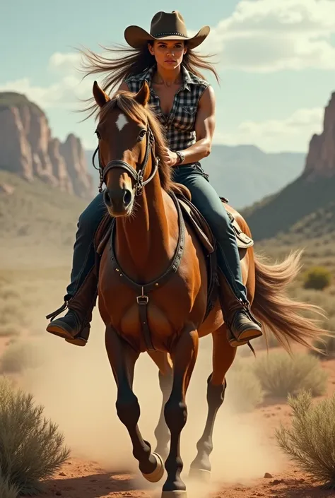 Muscular cowgirl riding a mustang horse