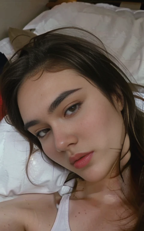 Sasha grey, lying in bed, , selfie,  messy brown hair ,  high definition skin,  skin pores