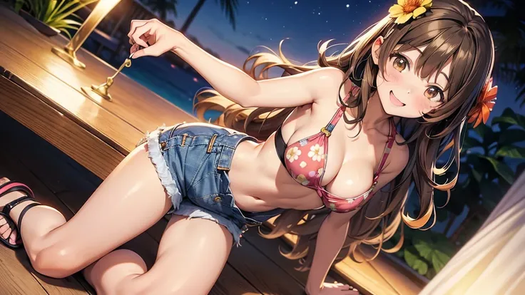 1_girl, solo, Maki: ore no imouto ga konna ni kawaii wake ga nai, 25-yers-old girl with wavy brown hair wearing sexy denim overalls shorts and flower pattern bikini top with sandals cove at night, smiling, kneeling 