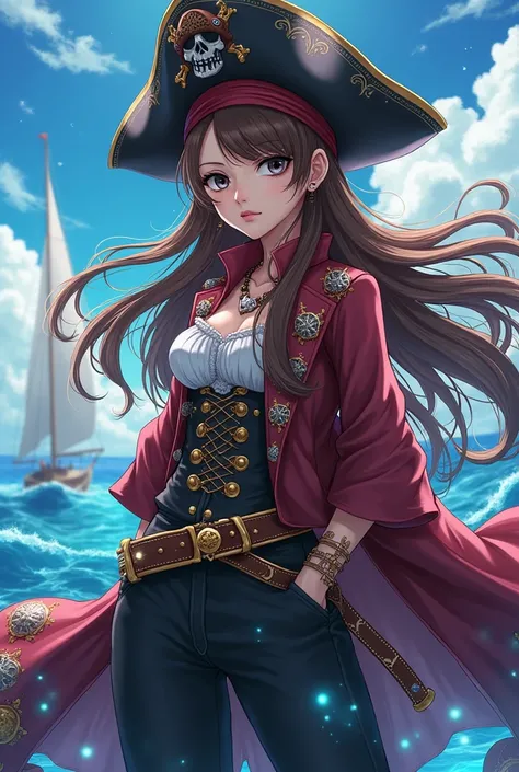 girl long brown hair, black eyes, anime one piece, pirate, magic demon, witch