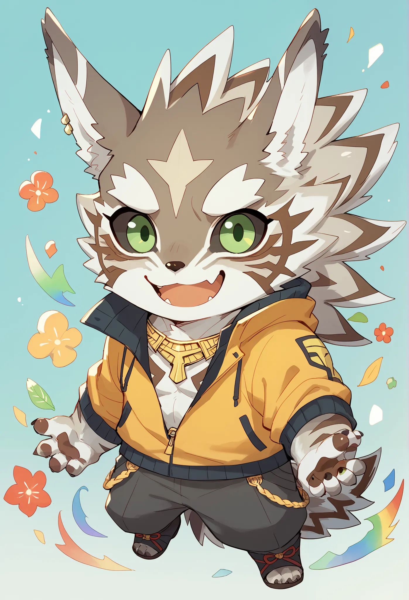 score_9,  score_8_up ,  score_7_up ,  score_6_up, score_5_up, anime, high quality , Seth_housamo_tokyo afterschool summoner,  Tokyo Afterschool Summoners, furry ,  green eyes, full background, full body, chibi, baby, alone, fantasy rainbow colors, happy fa...