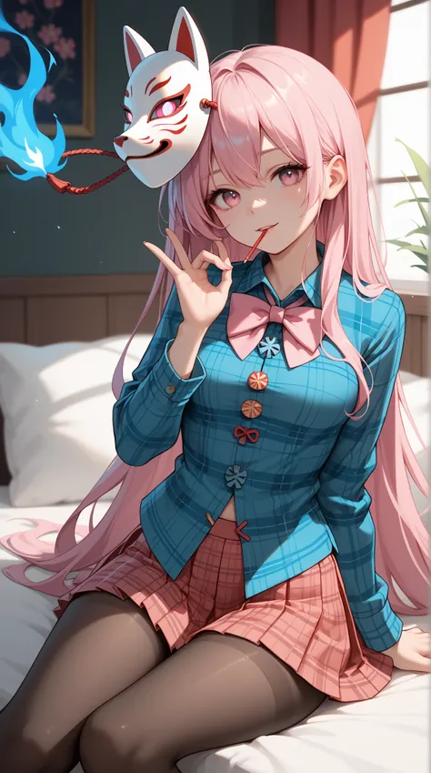 ( ,   very good work  .,     top quality    , , very  high definition  ),    1 girl   ,     Hata no Kokoro    ,     Fox Mask,     Pink Hair,     long hair,     Pink Eyes    ,     emotionless face     ,  , the mask is on the head   ,   with your mouth shut ...