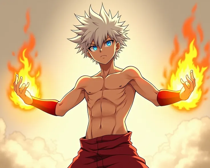 Tall, lean, muscular  boy with short messy white hair and bright and vibrant blue eyes shirtless. He has has fire powers. In a one punch man anime art style 