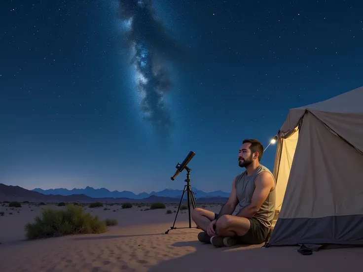 man sitting alone next to a tent in the desert at night with a telescope nearby watching the starry night