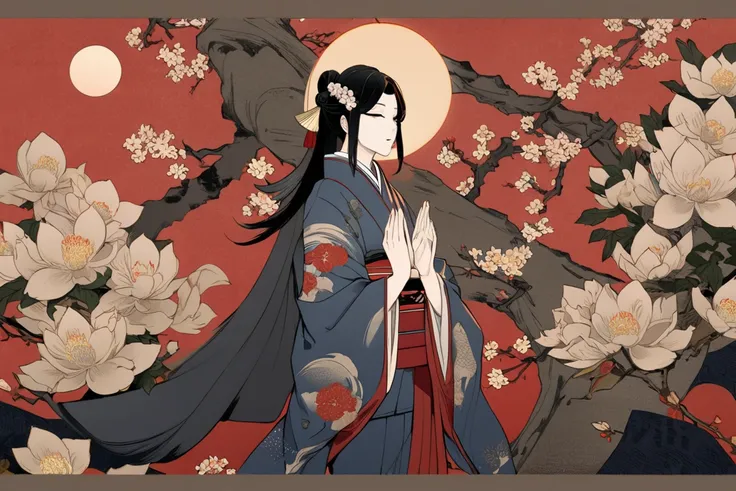 ukiyo-e,     Ultra High Resolution   ,     Beautiful Traditional Japanese Culture ,  goddess、 Mysterious Light、 Look,   A splendid flower blooming in front of the Priest King 、God who performs priests々、Mysterious、vermilion、 moon、Guidance、prayer、 for peace ...