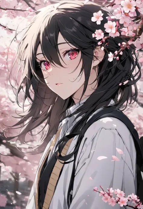  masterpiece, excellent quality  ,  17-year-old male,  WHITE LEATHER FUND, cabello negro, ruby eyes,  with layered hairstyle ,  dressed in school uniform ,  under the cherry blossoms  ,  beautiful face,  attractive. 