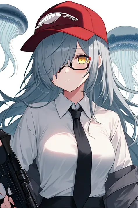 1girl,glasses,(white) jelly fish cat hair, hair over one eye,very breasts,dress shirt, black tie,red baseball cap,emotionless eyes, yellow eyes,jellyfish on head,gun,holding gun,medium shot