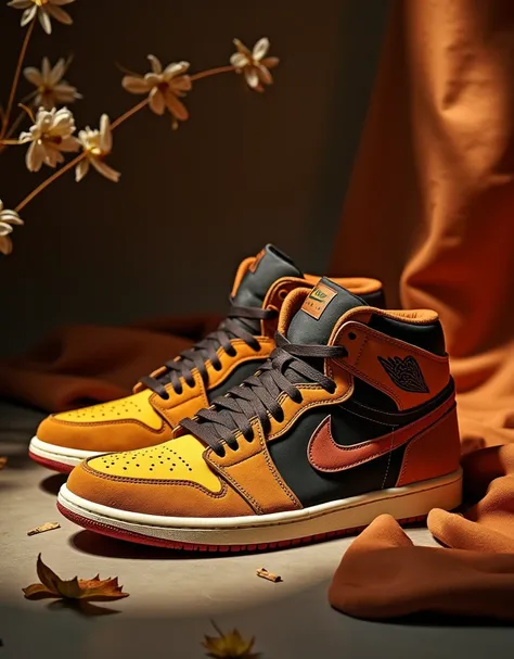  A pair of Air Jordan 1 high-top sneakers earthy color palette , tons de ocre, dark red, offwhite, dark green, mustard yellow, positioned slightly off-center toward the lower center of the image .  The sneakers are placed in a still life environment , with...