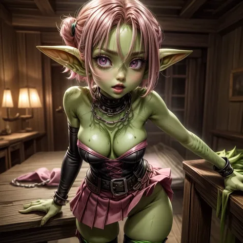 absurd resolution, ((best quality)), ((masterpiece)), (very detailed), 4k, goblin girl, short stature,short pink hair, wearing microskirt, wearing chains, pink eye makeup, ripped fishnets, ((green skin)), small pointy ears, thigh boots, earrings, horny, to...