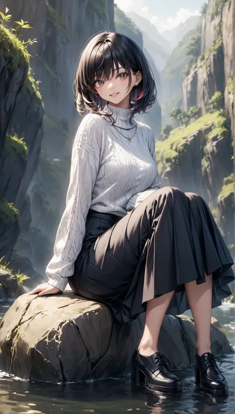 Black-haired beauty"Haruna",  Ultra High Resolution, white turtleneck with dark gray skirt,  full body,  Medium Black Hair, sitting on a rock