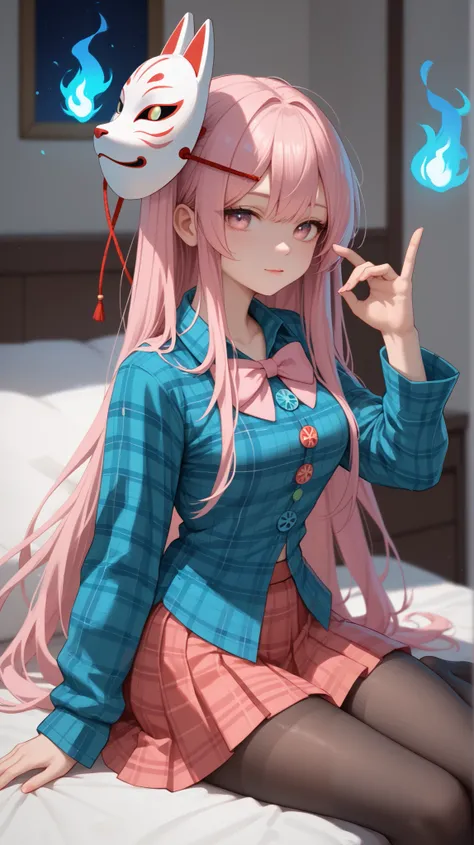 ( ,   very good work  .,     top quality    , , very  high definition  ),    1 girl   ,     Hata no Kokoro    ,     Fox Mask,     Pink Hair,     long hair,     Pink Eyes    ,     emotionless face     ,  , the mask is on the head   ,   with your mouth shut ...