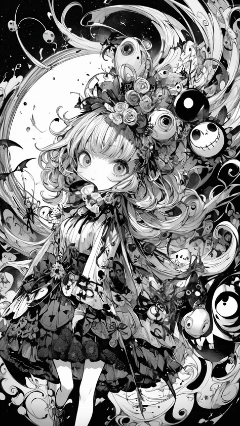  Tim Burton style、 2D ILLUSTRATION 、Monochrome 、