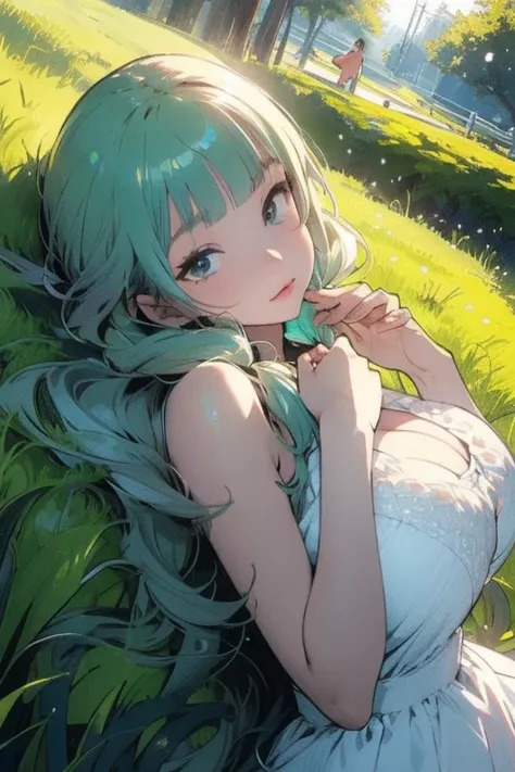 masterpiece, best quality, 1girl, lying on back, on grass, hands up, emerald hair, long hair, log front hair, one piece dress, braid hair, big breast, looking to viewer,masterpiece, high resolution, illustration, ultra detailed 8k art, extremely detailed C...