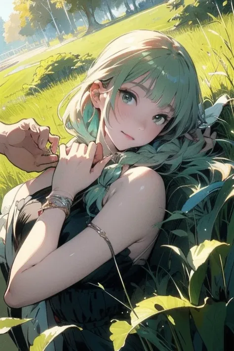 masterpiece, best quality, 1girl, lying on back, on grass, hands up, emerald hair, long hair, log front hair, one piece dress, braid hair, big breast, looking to viewer,masterpiece, high resolution, illustration, ultra detailed 8k art, extremely detailed C...