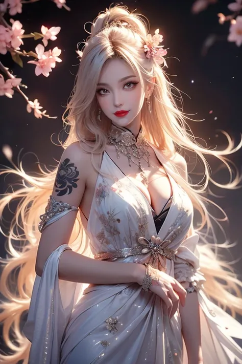 Beautiful Japanese Gothic woman, with very long white hair, wearing a formal dress with floral motifs, She has Yakuza tattoos all over her body. Dark cherry blossom background