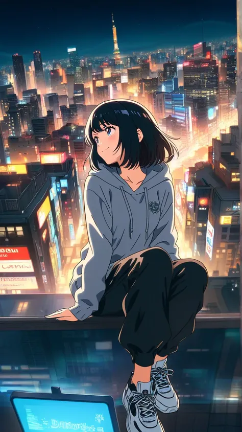 anime style, A beautiful girl, she is perched next to a sports car. The character has black hair. Her eyes, which are large and bright, look to the side, and she smiles shyly. She is wearing a gray hoodie sweater, with black jogger pants, and white sneaker...